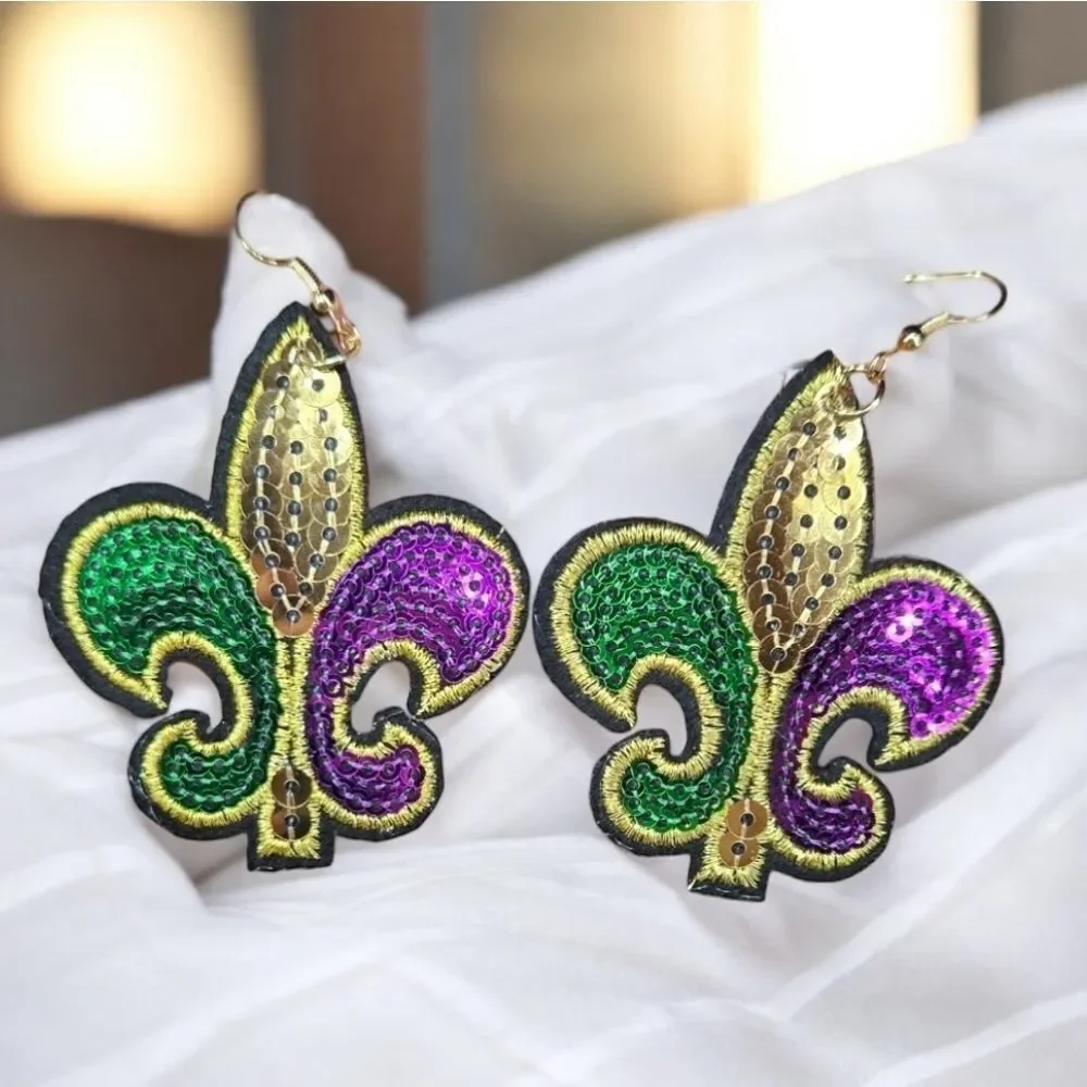 Sequin Fleur-de-Lis Earrings Mardi Gras Carnival Embroidered Dangle Jewelry New